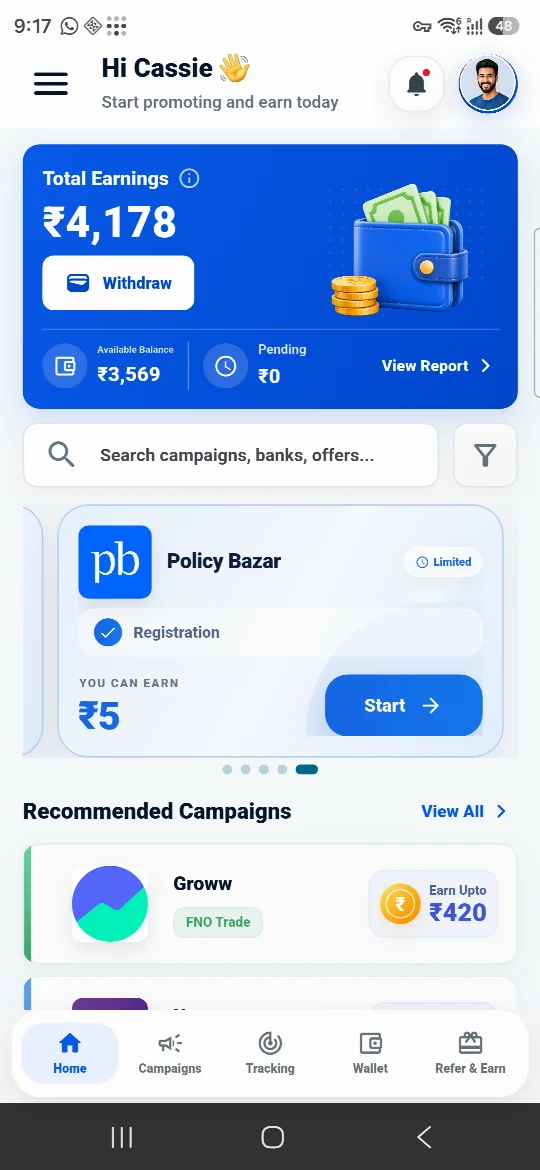 ClickMudra app home screen with campaigns and wallet
